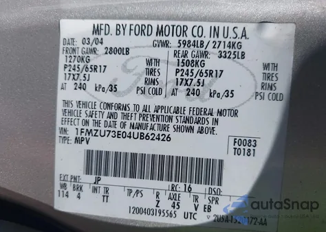 2004 Ford Explorer Nbx/Xlt z USA, uszkodzony, nr VIN 1FMZU73E04UB62426